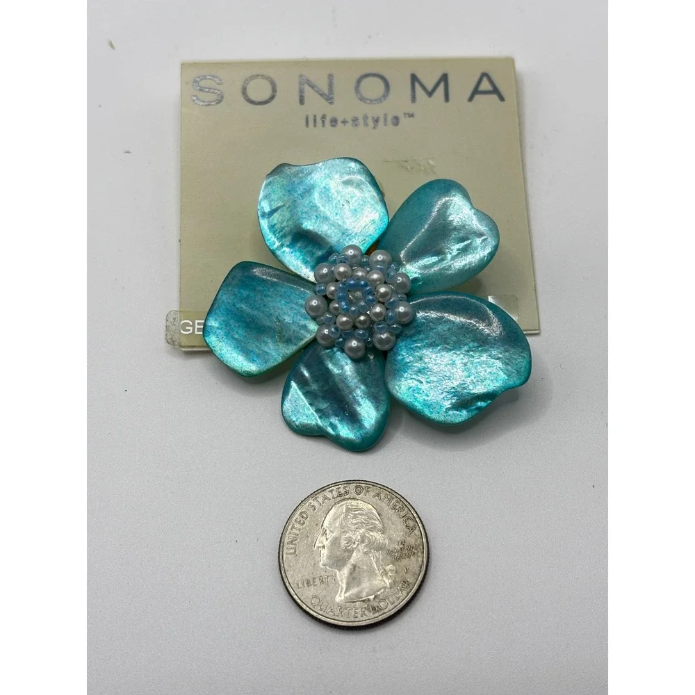 Sonoma Life Style Turquoise Shell Flower Brooch Hair Clip Beaded Iridescent